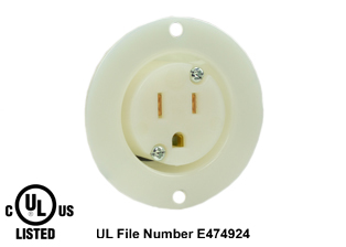 15 AMPERE-125 VOLT (NEMA 5-15R) FLANGED PANEL MOUNT POWER OUTLET, IMPACT RESISTANT NYLON BODY, 2 POLE-3 WIRE GROUNDING (2P+E), SPECIFICATION GRADE. WHITE. 

<br><font color="yellow">Notes: </font> 
<br><font color="yellow">*</font> For weatherproof / dustproof applications use #5200-WSC inlet cover and #5200-WTC terminal shield.
<br><font color="yellow">*</font> Temp. range = -40�C to +75�C.
<br><font color="yellow">*</font> Terminals accept 16AWG-10AWG. Max. torque = 11 in. lbs.
<br><font color="yellow">*</font> NEMA, IEC 60309, European, United Kingdom Australian, International power outlets are listed below in related products. Scroll down to view.