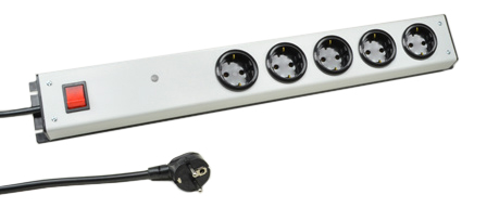 EUROPEAN 10 AMPERE-250 VOLT CEE 7/3 SCHUKO (EU1-16R) 5 OUTLET PDU POWER STRIP, SHUTTERED CONTACTS, SURGE SUPPRESSION, FILTER, FUSED 10 AMPERE, ON/OFF ILLUMINATED SWITCH, 2 POLE-3 WIRE GROUNDING (2P+E), 3.05 METER (10 FOOT) CORD. BLACK BASE / SILVER GRAY COVER.