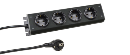 EUROPEAN GERMAN SCHUKO 16 AMPERE-250 VOLT CEE 7/3 (EU1-16R) 4 OUTLET POWER STRIP, SHUTTERED CONTACTS, 2 POLE-3 WIRE GROUNDING (2P+E), 3.0 METER (9FT-10IN) CORD, CEE 7/7 ANGLE PLUG. BLACK.

<br><font color="yellow">Notes: </font> 
<br><font color="yellow">*</font> PDU horizontal rack mount applications. Use #52019, #52019-BLK rack mounting plates.
<br><font color="yellow">*</font> Quad design, square version available. View part #70118.
<br><font color="yellow">*</font> European Schuko plugs, outlets, power cords, connectors, outlet strips, GFCI sockets listed below in related products.
Scroll down to view.