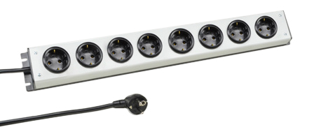 EUROPEAN GERMAN SCHUKO 16 AMPERE-250 VOLT CEE 7/3 (EU1-16R) 8 OUTLET PDU POWER STRIP, SHUTTERED CONTACTS, 2 POLE-3 WIRE GROUNDING (2P+E), 3.0 METER (9FT-10IN) CORD, CEE 7/7 (EU1-16P) ANGLE PLUG. BLACK BASE/GRAY COVER. 

<br><font color="yellow">Notes: </font> 
<br><font color="yellow">*</font> European Schuko plugs, outlets, power cords, connectors, outlet strips, GFCI sockets listed below in related products. Scroll down to view.