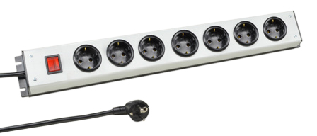 EUROPEAN GERMAN SCHUKO 16 AMPERE-250 VOLT CEE 7/3 (EU1-16R) 7 OUTLET PDU POWER STRIP, SHUTTERED CONTACTS, ILLUMINATED DOUBLE POLE ON/OFF SWITCH, 2 POLE-3 WIRE GROUNDING (2P+E), 3.0 METER (9FT-10IN) CORD. BLACK BASE/GRAY COVER. 

<br><font color="yellow">Notes: </font> 
<br><font color="yellow">*</font> European Schuko plugs, outlets, power cords, connectors, outlet strips, GFCI sockets listed below in related products. Scroll down to view.