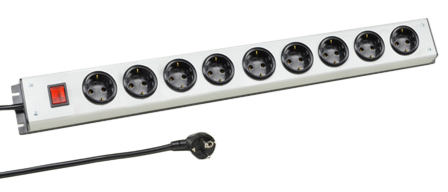 EUROPEAN GERMAN SCHUKO 16 AMPERE-250 VOLT CEE 7/3 (EU1-16R) 9 OUTLET PDU POWER STRIP, ILLUMINATED DOUBLE POLE ON/OFF SWITCH, SHUTTERED CONTACTS, 2 POLE-3 WIRE GROUNDING (2P+E), 3.0 METER (9FT-10IN) CORD. BLACK BASE/GRAY COVER.

<br><font color="yellow">Notes: </font> 
<br><font color="yellow">*</font> European Schuko plugs, outlets, power cords, connectors, outlet strips, GFCI sockets listed below in related products. Scroll down to view.