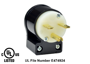 15 AMPERE-250 VOLT NEMA 6-15P ANGLE PLUG, IMPACT RESISTANT NYLON BODY, 2 POLE-3 WIRE GROUNDING (2P+E), SPECIFICATION GRADE. BLACK / WHITE. 

<br><font color="yellow">Notes: </font> 
<br><font color="yellow">*</font> Terminals accept 18/3, 16/3, 14/3, 12/3 AWG size conductors. Strain relief (cord grip range) = 0.300-0.650" dia.
<br><font color="yellow">*</font> Temp. range = -40C to +75C.
<br><font color="yellow">*</font> Plug cover design allows power cord to exit at 8 different angles. View "Dimensional Data Sheet" below for details.
<br><font color="yellow">*</font> NEMA 6-15P plugs connect with NEMA 6-15R (15A-250V) & NEMA 6-20R (20A-250V) receptacles, connectors, outlets.
<br><font color="yellow">*</font> Plugs, receptacles, outlets, power strips, connectors, inlets, power cords, weatherproof outlets, plug adapters are listed below in related products. Scroll down to view.