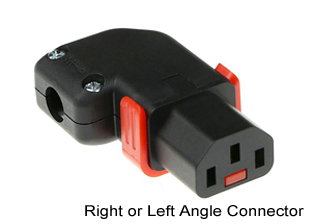 TRU-LOCK IEC 60320, <font color="RED"> RIGHT ANGLE / LEFT ANGLE C-13 LOCKING CONNECTOR</font> REWIREABLE, 10A-125V, 10A-250V, C(UL)US LISTED, INTERNATIONAL APPROVALS: KEMA-KEUR, ENEC-05, AUSTRALIA AS/NZS 4417 RCM MARK, 2 POLE-3 WIRE GROUNDING (2P+E). BLACK.

<br><font color="yellow">Notes: </font> 
<br><font color="yellow">*</font> Locking C13 connector designed to securely lock onto all C14 inlets, C14 plugs, C14 power cords.
<br><font color="yellow">*</font> Cover reversible for right / left angle applications.
<br><font color="yellow">*</font> Terminals accept 18AWG-14AWG (0.75mm-1.50mm) conductors.
<br><font color="yellow">*</font> Max cable size = 9.5mm (0.374") dia.
<br><font color="yellow">*</font> Terminal screw torque = 0.4Nm, Strain relief = 0.3Nm
<br><font color="yellow">*</font> Temp. range = -20C to +55C.
<br><font color="yellow">*</font> Locks onto C-14 inlets, PDU strips, plugs, cords.<font color="RED"> Red slide lever unlocks C-13 connector.</font> Retract (pull back) red color lever before inserting or removing connector. Prevents damage to locking system.
<br><font color="yellow">*</font> Body Material LSZH (Low Smoke Zero Halogen).
<br><font color="yellow">*</font> IEC 60320 C-13, C-19 "locking" power cords, outlet strips, sockets are listed in related products. Scroll down to view.