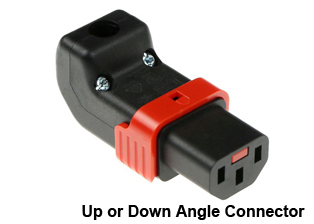 TRU-LOCK IEC 60320, <font color="RED"> UP ANGLE / DOWN  ANGLE C-13 LOCKING CONNECTOR</font>, REWIREABLE, 10A-250V, 15A-250V, C(UL)US LISTED, INTERNATIONAL APPROVALS: KEMA-KEUR, ENEC-05, AUSTRALIA AS/NZS 4417 RCM MARK, 2 POLE-3 WIRE GROUNDING (2P+E). BLACK.

<br><font color="yellow">Notes: </font> 
<br><font color="yellow">*</font> Locking C13 connector designed to securely lock onto all C14 inlets, C14 plugs, C14 power cords.
<br><font color="yellow">*</font> Cover reversible for up / down angle applications.
<br><font color="yellow">*</font> Terminals accept 18AWG-14AWG (0.75mm-1.50mm) conductors.
<br><font color="yellow">*</font> Max cable size = 9.5mm (0.374") dia.
<br><font color="yellow">*</font> Terminal screw torque = 0.4Nm, Strain relief = 0.3Nm
<br><font color="yellow">*</font> Temp. range = -20C to +55C.
<br><font color="yellow">*</font> Locks onto C-14 inlets, PDU strips, plugs, cords.<font color="RED"> Red slide lever unlocks C-13 connector.</font> Retract (pull back) red color lever before inserting or removing connector. Prevents damage to locking system.
<br><font color="yellow">*</font> Body Material LSZH (Low Smoke Zero Halogen).
<br><font color="yellow">*</font> IEC 60320 C-13, C-19 "locking" power cords, outlet strips, sockets are listed in related products. Scroll down to view.

