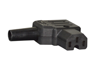 10A-250V IEC 60320 C-15 RIGHT ANGLE CONNECTOR, (VDE, CEBEC, DEMKO, FI, KEMA, NEMKO, OVE, SEMKO, SEV) APPROVED, 2 POLE-3 WIRE GROUNDING (2P+E), TERMINALS ACCEPT 18 AWG-14 AWG CONDUCTORS, MAX. CORD DIA. = 0.335". BLACK.  

<br><font color="yellow">Notes: </font> 
<br><font color="yellow">*</font> Connects with C-16 power inlets.

