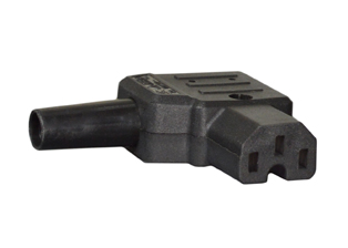 10A-250V IEC 60320 C-15 RIGHT ANGLE CONNECTOR, (VDE, CEBEC, DEMKO, FI, KEMA, NEMKO, OVE, SEMKO, SEV) APPROVED, 2 POLE-3 WIRE GROUNDING (2P+E), TERMINALS ACCEPT 18 AWG-14 AWG CONDUCTORS, MAX. CORD DIA. = 0.335". BLACK.  

<br><font color="yellow">Notes: </font> 
<br><font color="yellow">*</font> Connects with C-16 power inlets.

