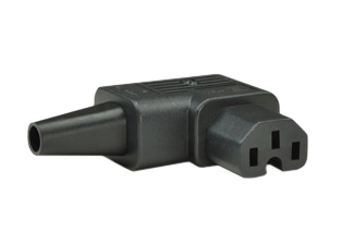 15A-250V IEC 60320 C-15 RIGHT ANGLE CONNECTOR, (UL, CSA, VDE APPROVED), 2 POLE-3 WIRE GROUNDING (2P+E), TERMINALS ACCEPT 18 AWG-14 AWG (2.5 mm2) CONDUCTORS, 8.5 mm (0.335") DIA. CORDAGE, BLACK. 

<br><font color="yellow">Notes: </font> 
<br><font color="yellow">*</font> Connects with C-16 power inlets.
<br><font color="yellow">*</font> Power cords, plugs, connectors, power inlets, plug adapters are listed below in related products. Scroll down to view.