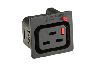 <font color="red">LOCKING</font> IEC 60320 C-19 PANEL MOUNT POWER OUTLET, 16A-250V EUROPEAN APPROVED (ENEC 19, ASTA), 20A-250V C(RU)US (UL/CSA) APPROVED, SNAP-IN PANEL MOUNT ON 1.0mm THICK PANEL, 6.3 x 0.08mm (0.250 x 0.032"), QUICK CONNECT / SOLDER TERMINALS, 2 POLE-3 WIRE GROUNDING (2P+E), THERMOPLASTIC (UL94V-0). BLACK.

<br><font color="yellow">Notes: </font> 
<br><font color="yellow">*</font> Locking C19 receptacles designed to securely lock onto all C20 plugs, C20 power cords.
<br><font color="yellow">*</font> Outlet accepts and "locks in" C-20 type plugs. Press in and hold down the <font color=Red>red button</font> until the C-20 plug is fully seated in the C-19 locking outlet, then release the button. This procedure locks in the C-20 plug. Push in and hold down red button to unlock the C-20 plug.
<br><font color="yellow">*</font> <font color="RED"> IEC 60320 Integrated Component Locking System:</font> IEC 60320 C-19 locking power strip and locking power cords when mated with #57103-LK panel mount power outlet provides a system wide configuration of integrated locking components that prevent accidental disconnects. Call application specialist for details.
<br><font color="yellow">*</font> C-19, C-20 locking power cords, locking outlet strips, locking C-19 panel mount outlets are listed below in related products. Scroll down to view.