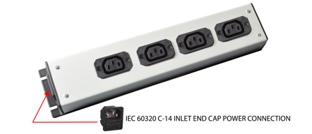 IEC 60320 C13, C14 10 AMPERE-250 VOLT 4 OUTLET PDU POWER STRIP, 2 POLE-3 WIRE GROUNDING (2P+E), <BR><font color="yellow">C14 FUSED POWER INLET IN END CAP</font>, BLACK/GRAY.

<br><font color="yellow">Notes: </font> 
<br><font color="yellow">*</font> For horizontal rack applications use #52019 or #52019-BLK mounting plate.
<br><font color="yellow">*</font> Fused C14 power inlet accepts C13, C15 detachable power cords and rewireable C13, C15 connectors.
<br><font color="yellow">*</font> Complete range of IEC60320 C13 and C19 Power Strips. <a href="https://www.internationalconfig.com/iec-60320-power-strips-multiple-outlet-pdu-power-distribution-units.asp" style="text-decoration: none">C13 and C19 Power Strips Link</a>
<br><font color="yellow">*</font> IEC 60320 C13 C14 PDU outlet strips, detachable power cords, "Y" splitter cords, C14 plugs, C13, C15 connectors, inlets, outlets, sockets, receptacles, plug adapters are listed below in related products. Scroll down to view.

 