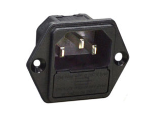 IEC 60320 C-14 POWER ENTRY MODULE, 10 AMPERE 250 VOLT, SINGLE POLE, SCREW ON PANEL MOUNT FRONT OR REAR, THERMOPLASTIC POLYAMIDE 6.6, BRASS NICKEL PLATED TERMINALS AND CONTACTS, FUSE DRAWER FOR 5 x 20 mm FUSE AND SPARE FUSE COMPARTMENT, 3.5 x 0.8 mm (0.138 x 0.032) SOLDER TERMINALS, 2 POLE-3 WIRE GROUNDING, BLACK. "CE" MARK.