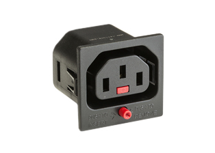 TRU-LOCK IEC 60320 <font color="red">LOCKING</font> C-13 PANEL MOUNT OUTLET, UNIVERSAL APPROVALS: C(RU)US, 15A-250V, INTERNATIONAL APPROVALS: KEMA/KEUR, ENEC 05, CCC, 10A-250V, IMPACT RESISTANT NYLON (PA66), 2 POLE-3 WIRE GROUNDING (2P+E), SNAP-IN MOUNT ON 1.5mm PANELS, 6.3 x 0.08mm (0.250 x 0.032"), QUICK CONNECT / SOLDER TERMINALS. BLACK. 

<br><font color="yellow">Notes: </font> 
<br><font color="yellow">*</font> Locking C13 receptacles designed to securely lock onto all C14 plugs, C14 power cords. 
<br><font color="yellow">*</font> Operating temp. = -20C to +55C.
<br><font color="yellow">*</font> Outlet accepts and "locks in" C-14 type plugs. Press in and hold down the <font color=Red>red Button</font> until the C-14 plug is fully seated in the C-13 locking outlet, then release the button. This procedure locks in the C-14 plug. Push in and hold down red button to unlock the C-14 plug.
<br><font color="yellow">*</font> <font color="RED"> IEC 60320 Integrated Component Locking System:</font> IEC 60320 C-13 locking PDU strips and locking power cords mated with #57320-LK outlets provides a system of integrated locking components that prevent accidental disconnects.
<br><font color="yellow">*</font> C-13, C-14 locking power cords, locking outlet strips, locking C-19 panel mount outlets are listed below in related products.
<br><font color="yellow">*</font> 57320-LK mounts into 1.5mm thick panels. Option: 57320-LKX1.0M mounts into 1.0mm thick panels.