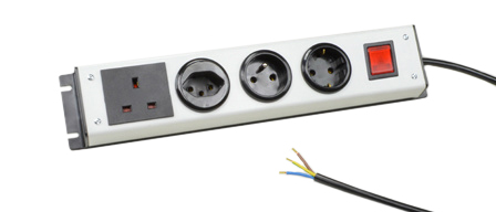 EUROPEAN SCHUKO CEE 7/3, FRANCE CEE 7/5, BRITISH BS 1363A, SWISS SEV 1011, 4 OUTLET 16 AMPERE-250 VOLT PDU POWER STRIP, ILLUMINATED "ON/OFF" D.P. SWITCH, 2 POLE-3 WIRE GROUNDING (2P+E), 1.5 METER (4FT-11IN) CORD, STRIPPED ENDS. BLACK/GRAY.

<br><font color="yellow">Notes: </font> 
<br><font color="yellow">*</font> PDU horizontal rack mount applications. Use #52019, #52019-BLK rack mounting plates.
<br><font color="yellow">*</font> Complete range of Universal Multi Configuration Power Strips. <a href="https://www.internationalconfig.com/multi-configuration-universal-power-strips-multiple-outlet-pdu-power-distribution-units.asp" style="text-decoration: none">Universal Power Strips Link</a>
<br><font color="yellow">*</font> Additional European, British, Australian, International PDU power strips listed below in related products. Scroll down to view.
