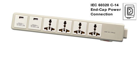 UNIVERSAL INTERNATIONAL, EUROPEAN MULTI-CONFIGURATION PDU POWER STRIP, 4 POWER OUTLETS-2 USB SOCKETS, 13 AMPERE-250 VOLT, 50/60Hz, (3250 WATTS) C-14 POWER INLET, SURGE PROTECTION, ILLUMINATED ON/OFF CIRCUIT BREAKER, 2 POLE-3 WIRE GROUNDING (2P+E). IVORY.

<br><font color="yellow">Notes: </font> 
<br><font color="yellow">*</font> Each USB Socket rated 2.1A (Combined USB rating = 4.2A).
<br><font color="yellow">*</font> C-14 Power inlet accepts all IEC 60320 C-13, C-15 power cords, connectors.
 <br><font color="yellow">*</font> Universal outlets accept European, Germany, France, Belgium, UK, British, Italy, Denmark, Swiss, Australia, China, Japan, Brazil, Argentina, American, South America, Israel, Asia, Thailand plugs.

<br><font color="yellow">*</font> <font color="yellow"> Outlets also accepts South Africa, India Type D 5/6A-250V BS 546 plugs, South Africa 16A-250V Type N SANS 164-2 plugs.</font> Use #74900-SGA socket adapter to provide ground [Earth] connection when European CEE 7/4, CEE 7/7 Schuko plugs are used with #58206-C14 outlets.
<br><font color="yellow">*</font> For PDU horizontal rack mount applications. Use #52019, #52019-BLK mounting plates.
<br><font color="yellow">*</font> Complete range of Universal Multi Configuration Power Strips. <a href="https://www.internationalconfig.com/multi-configuration-universal-power-strips-multiple-outlet-pdu-power-distribution-units.asp" style="text-decoration: none">Universal Power Strips Link</a>
<br><font color="yellow">*</font> Power cords, plugs, outlets, connectors are listed below in related products. Scroll down to view.