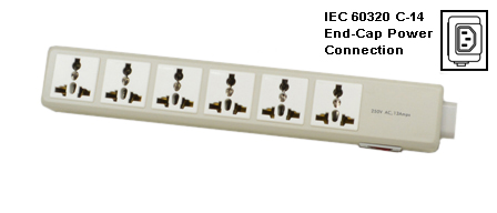 UNIVERSAL INTERNATIONAL, EUROPEAN MULTI-CONFIGURATION 6 OUTLET, 13 AMPERE-250 VOLT (3250 WATTS) PDU POWER STRIP, 50/60Hz, C-14 POWER INLET, SURGE PROTECTION, SHUTTERED CONTACTS, ILLUMINATED ON/OFF CIRCUIT BREAKER, 2 POLE-3 WIRE GROUNDING [2P+E]. IVORY.

<br><font color="yellow">Notes: </font> 
<br><font color="yellow">*</font> C-14 power inlet accepts all IEC 60320 C-13, C-15 power cords, connectors.
 <br><font color="yellow">*</font> Universal outlets accept European, Germany, France, Belgium, UK, British, Italy, Denmark, Swiss, Australia, China, Japan, Brazil, Argentina, American, South America, Israel, Asia, Thailand plugs.

<br><font color="yellow">*</font> <font color="yellow"> Outlets also accepts South Africa, India Type D (5/6A-250V) BS 546 plugs, South Africa 16A-250V Type N (SANS 164-2) plugs.</font> Use #74900-SGA socket adapter to provide ground [Earth] connection when European CEE 7/4, CEE 7/7 Schuko plugs are used with #58206-C14 outlets.

<br><font color="yellow">*</font> For PDU horizontal rack mount applications. Use #52019, #52019-BLK mounting plates.
<br><font color="yellow">*</font> For South Africa 16A-250V SANS 164-2 plug type N and India 5/6A-250V IA6A3 BS 546 plug type D applications use #58206-C14, 58206-C14-USB, 58206 power strips.
<br><font color="yellow">*</font> For South Africa 16A-250V SANS 164-1, India 16A-250V IA16A3 BS 546 plug type M applications use #58210, 58205-C14, 58205 power strips.
<br><font color="yellow">*</font> Complete range of Universal Multi Configuration Power Strips. <a href="https://www.internationalconfig.com/multi-configuration-universal-power-strips-multiple-outlet-pdu-power-distribution-units.asp" style="text-decoration: none">Universal Power Strips Link</a>
<br><font color="yellow">*</font> Power cords, plugs, outlets, connectors are listed below in related products. Scroll down to view.
 
 

 