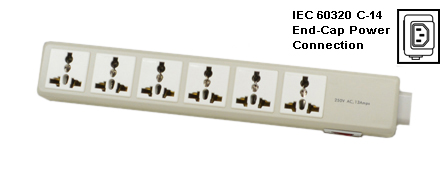 UNIVERSAL INTERNATIONAL, EUROPEAN MULTI-CONFIGURATION 6 OUTLET, 13 AMPERE-250 VOLT (3250 WATTS) PDU POWER STRIP, 50/60Hz, C-14 POWER INLET, SURGE PROTECTION, SHUTTERED CONTACTS, ILLUMINATED ON/OFF CIRCUIT BREAKER, 2 POLE-3 WIRE GROUNDING [2P+E]. IVORY.

<br><font color="yellow">Notes: </font> 
<br><font color="yellow">*</font> C-14 power inlet accepts all IEC 60320 C-13, C-15 power cords, connectors.
 <br><font color="yellow">*</font> Universal outlets accept European, Germany, France, Belgium, UK, British, Italy, Denmark, Swiss, Australia, China, Japan, Brazil, Argentina, American, South America, Israel, Asia, Thailand plugs.

<br><font color="yellow">*</font> <font color="yellow"> Outlets also accepts South Africa, India Type D 5/6A-250V BS 546 plugs, South Africa 16A-250V Type N SANS 164-2 plugs.</font> Use #74900-SGA socket adapter to provide ground [Earth] connection when European CEE 7/4, CEE 7/7 Schuko plugs are used with #58206-C14 outlets.

<br><font color="yellow">*</font> For PDU horizontal rack mount applications. Use #52019, #52019-BLK mounting plates.
<br><font color="yellow">*</font> For South Africa 16A-250V SANS 164-2 plug type N and India 5/6A-250V IA6A3 BS 546 plug type D applications use #58206-C14, 58206-C14-USB, 58206 power strips.
<br><font color="yellow">*</font> For South Africa 16A-250V SANS 164-1, India 16A-250V IA16A3 BS 546 plug type M applications use #58210, 58205-C14, 58205 power strips.
<br><font color="yellow">*</font> Complete range of Universal Multi Configuration Power Strips. <a href="https://www.internationalconfig.com/multi-configuration-universal-power-strips-multiple-outlet-pdu-power-distribution-units.asp" style="text-decoration: none">Universal Power Strips Link</a>
<br><font color="yellow">*</font> Power cords, plugs, outlets, connectors are listed below in related products. Scroll down to view.
 
 

 