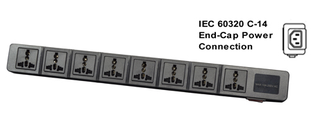 UNIVERSAL INTERNATIONAL MULTI-CONFIGURATION 8 OUTLET, 13A-250V PDU POWER STRIP, 50/60Hz, C-14 POWER INLET, SURGE PROTECTION, ILLUMINATED ON/OFF CIRCUIT BREAKER, 2 POLE-3 WIRE GROUNDING [2P+E]. BLACK.

<br><font color="yellow">Notes: </font> 
<br><font color="yellow">*</font> C-14 power inlet accepts IEC 60320 C-13, C-15 power cords, connectors.
<br><font color="yellow">*</font> Locking C-13 power cords, connectors available. Locks onto C-14 power inlet. View # 57055-LK, 98625-LK6 series.  
<br><font color="yellow">*</font> South Africa 16A-250V plug type M applications: Use # 58210, 58205-C14, 58205 power strips.
<br><font color="yellow">*</font> South Africa 16A-250V plug type N , India 5/6A-250V plug type D applications:  Use # 58206-C14, 58206-C14-USB power strips.
<br><font color="yellow">*</font> Complete range of Universal Multi Configuration Power Strips. <a href="https://www.internationalconfig.com/multi-configuration-universal-power-strips-multiple-outlet-pdu-power-distribution-units.asp" style="text-decoration: none">Universal Power Strips Link</a>
<br><font color="yellow">*</font> Power cords, plugs, outlets, connectors are listed below in related products. Scroll down to view.