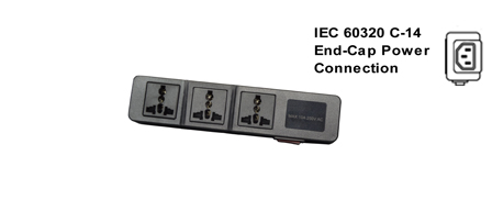 UNIVERSAL INTERNATIONAL, EUROPEAN MULTI-CONFIGURATION 3 OUTLET, 13 AMPERE-250 VOLT (3250 WATTS) PDU POWER STRIP, 50/60Hz, C-14 POWER INLET, SURGE PROTECTION <font color="yellow">++</font>, SHUTTERED CONTACTS, ILLUMINATED <font color="yellow"> D.P. ON/OFF CIRCUIT BREAKER</font>, 2 POLE-3 WIRE GROUNDING [2P+E]. BLACK.
<BR><font color="yellow">++</font> MAX. ENERGY = 10/1000US, JOULE: 125/HIGH SURGE 175. MATERIALS: NYLON, ABS, PC, OPERATING TEMP = -20C to +80C.

<br><font color="yellow">Notes: </font> 
<br><font color="yellow">*</font> Desk, wall, flat surface mountable. For horizontal PDU rack mount applications, #52019-BLK mounting plate required.
<br><font color="yellow">*</font> Power inlet accepts C-13, C-15 cords, connectors. C-13 and Locking C-13 power cords available. <font color="yellow"> View print for details. </font>  
<br><font color="yellow">*</font> Universal Multi-Configuration outlets accept European, Germany, France, Belgium, UK, British, Italy, Denmark, Swiss, Australia, China, Japan, Brazil, Argentina, American, South America, Israel, Asia, Thailand plugs. <font color="yellow"> View print for plug compatibility chart.</font> 
<br><font color="yellow">*</font> Outlets also accept South Africa, India <font color="yellow">Type D</font> 5/6A-250V BS 546 plugs and South Africa 16A-250V <font color="yellow">Type N</font> SANS 164-2 plugs </font>. 
<br><font color="yellow">*</font> Plug adapter #30140-BLK provides ground [Earth Connection] when Schuko CEE 7/4, CEE 7/7 plugs are used with outlet strip.
<br><font color="yellow">*</font> Complete range of Universal Multi Configuration Power Strips. <a href="https://www.internationalconfig.com/multi-configuration-universal-power-strips-multiple-outlet-pdu-power-distribution-units.asp" style="text-decoration: none">Universal Power Strips Link</a>
<br><font color="yellow">*</font> Power cords, plugs, outlets, connectors are listed below in related products. Scroll down to view.