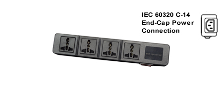 UNIVERSAL INTERNATIONAL, EUROPEAN MULTI-CONFIGURATION 4 OUTLET, 13 AMPERE-250 VOLT (3250 WATTS) PDU POWER STRIP, 50/60Hz, C-14 POWER INLET, SURGE PROTECTION <font color="yellow">++</font>, SHUTTERED CONTACTS, ILLUMINATED <font color="yellow"> D.P. ON/OFF CIRCUIT BREAKER</font>, 2 POLE-3 WIRE GROUNDING [2P+E]. BLACK.
<BR><font color="yellow">++</font> MAX. ENERGY = 10/1000US, JOULE: 125/HIGH SURGE 175. MATERIALS: NYLON, ABS, PC, OPERATING TEMP = -20C to +80C).

<br><font color="yellow">Notes: </font> 
<br><font color="yellow">*</font> Desk, wall, flat surface mountable. For horizontal PDU rack mount applications, #52019-BLK mounting plate required.
<br><font color="yellow">*</font> Power inlet accepts C-13, C-15 cords, connectors. C-13 and Locking C-13 power cords available. <font color="yellow"> View print for details. </font>  
<br><font color="yellow">*</font> Universal Multi-Configuration outlets accept European, Germany, France, Belgium, UK, British, Italy, Denmark, Swiss, Australia, China, Japan, Brazil, Argentina, American, South America, Israel, Asia, Thailand plugs. <font color="yellow"> View print for plug compatibility chart.</font> 
<br><font color="yellow">*</font> Outlets also accept South Africa, India <font color="yellow">Type D</font> 5/6A-250V BS 546 plugs and South Africa 16A-250V <font color="yellow">Type N</font> SANS 164-2 plugs </font>. 
<br><font color="yellow">*</font> Plug adapter #30140-BLK provides ground [Earth Connection] when Schuko CEE 7/4, CEE 7/7 plugs are used with outlet strip.
<br><font color="yellow">*</font> Complete range of Universal Multi Configuration Power Strips. <a href="https://www.internationalconfig.com/multi-configuration-universal-power-strips-multiple-outlet-pdu-power-distribution-units.asp" style="text-decoration: none">Universal Power Strips Link</a>
 <br><font color="yellow">*</font> Power cords, plugs, outlets, connectors are listed below in related products. Scroll down to view.