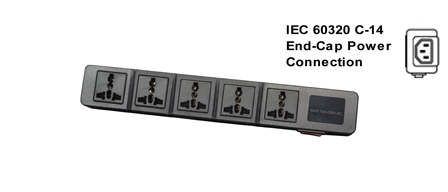 UNIVERSAL INTERNATIONAL, EUROPEAN MULTI-CONFIGURATION 5 OUTLET, 13 AMPERE-250 VOLT (3250 WATTS) PDU POWER STRIP, 50/60Hz, C-14 POWER INLET, SURGE PROTECTION <font color="yellow">++</font>, SHUTTERED CONTACTS, ILLUMINATED <font color="yellow"> D.P. ON/OFF CIRCUIT BREAKER</font>, 2 POLE-3 WIRE GROUNDING [2P+E]. BLACK.
<BR><font color="yellow">++</font> MAX. ENERGY = 10/1000US, JOULE: 125/HIGH SURGE 175. MATERIALS: NYLON, ABS, PC, OPERATING TEMP = -20�C to +80�C.

<br><font color="yellow">Notes: </font> 
<br><font color="yellow">*</font> Desk, wall, flat surface mountable. For horizontal PDU rack mount applications, #52019-BLK mounting plate required.
<br><font color="yellow">*</font> Power inlet accepts C-13, C-15 cords, connectors. C-13 and Locking C-13 power cords available. <font color="yellow"> View print for details. </font>  
<br><font color="yellow">*</font> Universal Multi-Configuration outlets accept European, Germany, France, Belgium, UK, British, Italy, Denmark, Swiss, Australia, China, Japan, Brazil, Argentina, American, South America, Israel, Asia, Thailand plugs. <font color="yellow"> View print for plug compatibility chart.</font>
<br><font color="yellow">*</font> Outlets also accept South Africa, India <font color="yellow">Type D</font> (5/6A-250V) BS 546 plugs and South Africa 16A-250V <font color="yellow">Type N</font> (SANS 164-2) plugs </font>.
<br><font color="yellow">*</font> Plug adapter #30140-BLK provides ground [Earth Connection] when Schuko CEE 7/4, CEE 7/7 plugs are used with outlet strip.
<br><font color="yellow">*</font> Power cords, plugs, outlets, connectors are listed below in related products. Scroll down to view.