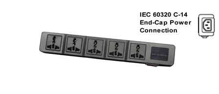 UNIVERSAL INTERNATIONAL, EUROPEAN MULTI-CONFIGURATION 5 OUTLET, 13 AMPERE-250 VOLT (3250 WATTS) PDU POWER STRIP, 50/60Hz, C-14 POWER INLET, SURGE PROTECTION <font color="yellow">++</font>, SHUTTERED CONTACTS, ILLUMINATED <font color="yellow"> D.P. ON/OFF CIRCUIT BREAKER</font>, 2 POLE-3 WIRE GROUNDING [2P+E]. BLACK.
<BR><font color="yellow">++</font> MAX. ENERGY = 10/1000US, JOULE: 125/HIGH SURGE 175. MATERIALS: NYLON, ABS, PC, OPERATING TEMP = -20C to +80C.

<br><font color="yellow">Notes: </font> 
<br><font color="yellow">*</font> Desk, wall, flat surface mountable. For horizontal PDU rack mount applications, #52019-BLK mounting plate required.
<br><font color="yellow">*</font> Power inlet accepts C-13, C-15 cords, connectors. C-13 and Locking C-13 power cords available. <font color="yellow"> View print for details. </font>  
<br><font color="yellow">*</font> Universal Multi-Configuration outlets accept European, Germany, France, Belgium, UK, British, Italy, Denmark, Swiss, Australia, China, Japan, Brazil, Argentina, American, South America, Israel, Asia, Thailand plugs. <font color="yellow"> View print for plug compatibility chart.</font>
<br><font color="yellow">*</font> Outlets also accept South Africa, India <font color="yellow">Type D</font> 5/6A-250V BS 546 plugs and South Africa 16A-250V <font color="yellow">Type N</font> SANS 164-2 plugs </font>.
<br><font color="yellow">*</font> Plug adapter #30140-BLK provides ground [Earth Connection] when Schuko CEE 7/4, CEE 7/7 plugs are used with outlet strip.
<br><font color="yellow">*</font> Complete range of Universal Multi Configuration Power Strips. <a href="https://www.internationalconfig.com/multi-configuration-universal-power-strips-multiple-outlet-pdu-power-distribution-units.asp" style="text-decoration: none">Universal Power Strips Link</a>
<br><font color="yellow">*</font> Power cords, plugs, outlets, connectors are listed below in related products. Scroll down to view.