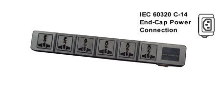 UNIVERSAL INTERNATIONAL, EUROPEAN MULTI-CONFIGURATION 6 OUTLET, 13 AMPERE-250 VOLT (3250 WATTS) PDU POWER STRIP, 50/60Hz, C-14 POWER INLET, SURGE PROTECTION <font color="yellow">++</font>, SHUTTERED CONTACTS, ILLUMINATED <font color="yellow"> D.P. ON/OFF CIRCUIT BREAKER</font>, 2 POLE-3 WIRE GROUNDING [2P+E]. BLACK.
<BR><font color="yellow">++</font> MAX. ENERGY = 10/1000US, JOULE: 125/HIGH SURGE 175. MATERIALS: NYLON, ABS, PC, OPERATING TEMP = -20�C to +80�C.

<br><font color="yellow">Notes: </font> 
<br><font color="yellow">*</font> Desk, wall, flat surface mountable. For horizontal PDU rack mount applications, #52019-BLK mounting plate required.
<br><font color="yellow">*</font> Power inlet accepts C-13, C-15 cords, connectors. C-13 and Locking C-13 power cords available. <font color="yellow"> View print for details. </font>  
<br><font color="yellow">*</font> Universal Multi-Configuration outlets accept European, Germany, France, Belgium, UK, British, Italy, Denmark, Swiss, Australia, China, Japan, Brazil, Argentina, American, South America, Israel, Asia, Thailand plugs. <font color="yellow"> View print for plug compatibility chart.</font> 
<br><font color="yellow">*</font> Outlets also accept South Africa, India <font color="yellow">Type D</font> (5/6A-250V) BS 546 plugs and South Africa 16A-250V <font color="yellow">Type N</font> (SANS 164-2) plugs </font>.
<br><font color="yellow">*</font> Plug adapter #30140-BLK provides ground [Earth Connection] when Schuko CEE 7/4, CEE 7/7 plugs are used with outlet strip.
<br><font color="yellow">*</font> Complete range of Universal Multi Configuration Power Strips. <a href="https://www.internationalconfig.com/multi-configuration-universal-power-strips-multiple-outlet-pdu-power-distribution-units.asp" style="text-decoration: none">Universal Power Strips Link</a>
<br><font color="yellow">*</font> Power cords, plugs, outlets, connectors are listed below in related products. Scroll down to view.