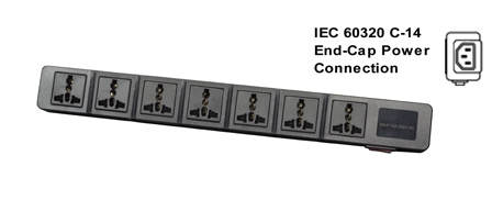 UNIVERSAL INTERNATIONAL, EUROPEAN MULTI-CONFIGURATION 7 OUTLET, 13 AMPERE-250 VOLT (3250 WATTS) PDU POWER STRIP, 50/60Hz, C-14 POWER INLET, SURGE PROTECTION <font color="yellow">++</font>, SHUTTERED CONTACTS, ILLUMINATED <font color="yellow"> D.P. ON/OFF CIRCUIT BREAKER</font>, 2 POLE-3 WIRE GROUNDING [2P+E]. BLACK.
<BR><font color="yellow">++</font> MAX. ENERGY = 10/1000US, JOULE: 125/HIGH SURGE 175. MATERIALS: NYLON, ABS, PC, OPERATING TEMP = -20C to +80C.

<br><font color="yellow">Notes: </font> 
<br><font color="yellow">*</font> Desk, wall, flat surface mountable. For horizontal PDU rack mount applications, #52019-BLK mounting plate required.
<br><font color="yellow">*</font> Power inlet accepts C-13, C-15 cords, connectors. C-13 and Locking C-13 power cords available. <font color="yellow"> View print for details. </font>  
<br><font color="yellow">*</font> Universal Multi-Configuration outlets accept European, Germany, France, Belgium, UK, British, Italy, Denmark, Swiss, Australia, China, Japan, Brazil, Argentina, American, South America, Israel, Asia, Thailand plugs. <font color="yellow"> View print for plug compatibility chart.</font> 
<br><font color="yellow">*</font> Outlets also accept South Africa, India <font color="yellow">Type D</font> 5/6A-250V BS 546 plugs and South Africa 16A-250V <font color="yellow">Type N</font> SANS 164-2 plugs </font>. 
<br><font color="yellow">*</font> Plug adapter #30140-BLK provides ground [Earth Connection] when SCHUKO CEE 7/4, CEE 7/7 plugs are used with outlet strip.
<br><font color="yellow">*</font> Complete range of Universal Multi Configuration Power Strips. <a href="https://www.internationalconfig.com/multi-configuration-universal-power-strips-multiple-outlet-pdu-power-distribution-units.asp" style="text-decoration: none">Universal Power Strips Link</a>
<br><font color="yellow">*</font> Power cords, plugs, outlets, connectors are listed below in related products. Scroll down to view.