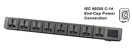 UNIVERSAL INTERNATIONAL, EUROPEAN MULTI-CONFIGURATION 8 OUTLET, 13 AMPERE-250 VOLT (3250 WATTS) PDU POWER STRIP, 50/60Hz, C-14 POWER INLET, SURGE PROTECTION <font color="yellow">++</font>, SHUTTERED CONTACTS, ILLUMINATED <font color="yellow"> D.P. ON/OFF CIRCUIT BREAKER</font>, 2 POLE-3 WIRE GROUNDING [2P+E]. BLACK.
<BR><font color="yellow">++</font> MAX. ENERGY = 10/1000US, JOULE: 125/HIGH SURGE 175. MATERIALS: NYLON, ABS, PC, OPERATING TEMP = -20�C to +80�C.

<br><font color="yellow">Notes: </font> 
<br><font color="yellow">*</font> Desk, wall, flat surface mountable. For horizontal PDU rack mount applications, #52019-BLK mounting plate required.
<br><font color="yellow">*</font> Power inlet accepts C-13, C-15 cords, connectors. C-13 and Locking C-13 power cords available. <font color="yellow"> View print for details. </font>  
<br><font color="yellow">*</font> Universal Multi-Configuration outlets accept European, Germany, France, Belgium, UK, British, Italy, Denmark, Swiss, Australia, China, Japan, Brazil, Argentina, American, South America, Israel, Asia, Thailand plugs. <font color="yellow"> View print for plug compatibility chart.</font> 
<br><font color="yellow">*</font> Outlets also accept South Africa, India <font color="yellow">Type D</font> (5/6A-250V) BS 546 plugs and South Africa 16A-250V <font color="yellow">Type N</font> (SANS 164-2) plugs </font>. 
<br><font color="yellow">*</font> Plug adapter #30140-BLK provides ground [Earth Connection] when SCHUKO CEE 7/4, CEE 7/7 plugs are used with outlet strip.
<br><font color="yellow">*</font> Complete range of Universal Multi Configuration Power Strips. <a href="https://www.internationalconfig.com/multi-configuration-universal-power-strips-multiple-outlet-pdu-power-distribution-units.asp" style="text-decoration: none">Universal Power Strips Link</a>
<br><font color="yellow">*</font> Power cords, plugs, outlets, connectors are listed below in related products. Scroll down to view.