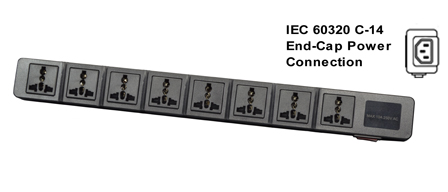 UNIVERSAL INTERNATIONAL, EUROPEAN MULTI-CONFIGURATION 8 OUTLET, 13 AMPERE-250 VOLT (3250 WATTS) PDU POWER STRIP, 50/60Hz, C-14 POWER INLET, SURGE PROTECTION <font color="yellow">++</font>, SHUTTERED CONTACTS, ILLUMINATED <font color="yellow"> D.P. ON/OFF CIRCUIT BREAKER</font>, 2 POLE-3 WIRE GROUNDING [2P+E]. BLACK.
<BR><font color="yellow">++</font> MAX. ENERGY = 10/1000US, JOULE: 125/HIGH SURGE 175. MATERIALS: NYLON, ABS, PC, OPERATING TEMP = -20C to +80C.

<br><font color="yellow">Notes: </font> 
<br><font color="yellow">*</font> Desk, wall, flat surface mountable. For horizontal PDU rack mount applications, #52019-BLK mounting plate required.
<br><font color="yellow">*</font> Power inlet accepts C-13, C-15 cords, connectors. C-13 and Locking C-13 power cords available. <font color="yellow"> View print for details. </font>  
<br><font color="yellow">*</font> Universal Multi-Configuration outlets accept European, Germany, France, Belgium, UK, British, Italy, Denmark, Swiss, Australia, China, Japan, Brazil, Argentina, American, South America, Israel, Asia, Thailand plugs. <font color="yellow"> View print for plug compatibility chart.</font> 
<br><font color="yellow">*</font> Outlets also accept South Africa, India <font color="yellow">Type D</font> 5/6A-250V BS 546 plugs and South Africa 16A-250V <font color="yellow">Type N</font> SANS 164-2 plugs </font>. 
<br><font color="yellow">*</font> Plug adapter #30140-BLK provides ground [Earth Connection] when SCHUKO CEE 7/4, CEE 7/7 plugs are used with outlet strip.
<br><font color="yellow">*</font> Complete range of Universal Multi Configuration Power Strips. <a href="https://www.internationalconfig.com/multi-configuration-universal-power-strips-multiple-outlet-pdu-power-distribution-units.asp" style="text-decoration: none">Universal Power Strips Link</a>
<br><font color="yellow">*</font> Power cords, plugs, outlets, connectors are listed below in related products. Scroll down to view.