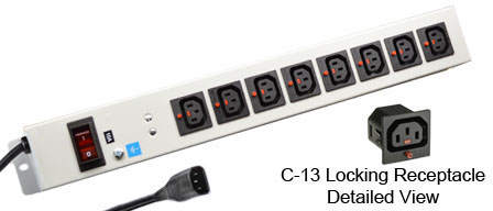 <font color="red">LOCKING </font> IEC 60320 C-13 C-14, 10 AMPERE 230 VOLT PDU POWERSTRIP, 8 IEC 60320 <font color="red">LOCKING C-13 POWER OUTLETS </font>, "19" IN. VERTICAL RACK / SURFACE MOUNT, METAL ENCLOSURE, ILLUMINATED 10 AMPERE DOUBLE POLE CIRCUIT BREAKER, 2 POLE-3 WIRE GROUNDING (2P+E), 2.0 METER (6FT-7IN) CORD WITH C-14 PLUG, GRAY.

<br><font color="yellow">Notes: </font> 
<br><font color="yellow">*</font> Locking C13 receptacles designed to securely lock onto all C14 plugs, C14 power cords.
<br><font color="yellow">*</font> Press in and hold down the <font color=Red>red button</font> until the C-14 plug is fully seated in the C-13 locking outlet, then release the button. This procedure locks in the C-14 plug. Push in and hold the red button to unlock the C-14 plug.
<br><font color="yellow">*</font> </font><font color="RED"> IEC 60320 Integrated Component Locking System:</font> IEC 60320 C-13 locking power strip, locking power cords and locking power outlets (NEMA L5-15, L6-15, L5-20, L6-20, L5-30, L6-30 and IEC 60309 (6h) (4h) type) can be combined in a system wide configuration of integrated locking components that prevent accidental disconnects. Call application specialist for details.
