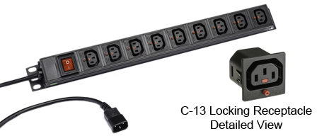 <font color="red">LOCKING </font> IEC 60320 C-13 C-14, 10A-250V PDU POWER STRIP, 9 IEC 60320 <font color="red">LOCKING C-13 POWER OUTLETS </font>, C-14 POWER PLUG WITH 3.0 METER (9FT-10IN) CORD, "19 IN." VERTICAL RACK OR SURFACE MOUNT, (1U) METAL ENCLOSURE, ON/OFF DOUBLE POLE ILLUMINATED SWITCH, 2 POLE 3 WIRE GROUNDING (2P+E). BLACK.

<br><font color="yellow">Notes: </font> 
<br><font color="yellow">*</font> Operating temp. = -10�C to +60�C.
<br><font color="yellow">*</font> Storage temp. = -25�C to +65�C.
<br><font color="yellow">*</font> Press in and hold down the <font color=Red>red button</font> until the C-14 plug is fully seated in the C-13 locking outlet, then release the button. This procedure locks in the C-14 plug. Push in and hold the red button to unlock the C-14 plug.
<br><font color="yellow">*</font> </font><font color="RED"> IEC 60320 Integrated Component Locking System:</font> IEC 60320 C-13 locking power strip, locking power cords and locking power outlets (NEMA L5-15, L6-15, L5-20, L6-20, L5-30, L6-30 and IEC 60309 (6h) (4h) type) can be combined in a system wide configuration of integrated locking components that prevent accidental disconnects. Call application specialist for details.
<br><font color="yellow">*</font> C-13, C-14 locking power cords, locking outlet strips are listed below in related products. Scroll down to view.