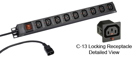 <font color="red">LOCKING </font> IEC 60320 C-13 C-14, 10A-250V PDU POWER STRIP, 9 IEC 60320 <font color="red">LOCKING C-13 POWER OUTLETS </font>, C-14 POWER PLUG WITH 3.0 METER (9FT-10IN) CORD, "19 IN." VERTICAL RACK OR SURFACE MOUNT, (1U) METAL ENCLOSURE, ON/OFF DOUBLE POLE ILLUMINATED SWITCH, 2 POLE 3 WIRE GROUNDING (2P+E). BLACK.

<br><font color="yellow">Notes: </font> 
<br><font color="yellow">*</font> Locking C13 receptacles designed to securely lock onto all C14 plugs, C14 power cords.
<br><font color="yellow">*</font> Operating temp. = -10C to +60C.
<br><font color="yellow">*</font> Storage temp. = -25C to +65C.
<br><font color="yellow">*</font> Press in and hold down the <font color=Red>red button</font> until the C-14 plug is fully seated in the C-13 locking outlet, then release the button. This procedure locks in the C-14 plug. Push in and hold the red button to unlock the C-14 plug.
<br><font color="yellow">*</font> </font><font color="RED"> IEC 60320 Integrated Component Locking System:</font> IEC 60320 C-13 locking power strip, locking power cords and locking power outlets (NEMA L5-15, L6-15, L5-20, L6-20, L5-30, L6-30 and IEC 60309 (6h) (4h) type) can be combined in a system wide configuration of integrated locking components that prevent accidental disconnects. Call application specialist for details.
<br><font color="yellow">*</font> C-13, C-14 locking power cords, locking outlet strips are listed below in related products. Scroll down to view.