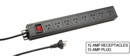 AUSTRALIA, NEW ZEALAND 15A-250V (AU2-15R) 8 OUTLET PDU POWER STRIP, 50/60 HZ, METAL ENCLOSURE, 19" VERTICAL RACK MOUNT OR SURFACE MOUNT, 1.5U SIZE, ILLUMINATED DOUBLE POLE SWITCH, 2 POLE-3 WIRE GROUNDING (2P+E), 2.5 METER (8FT-2IN) CORD WITH 15A-250V (AU2-15R) PLUG. BLACK. 

<br><font color="yellow">Notes: </font> 
<br><font color="yellow">*</font><b> Outlets accept 10 Amp. and 15 Amp. Australia, New Zealand plugs.</b></font>
<br><font color="yellow">*</font> Operating temp. = -10C to +60C.
<br><font color="yellow">*</font> Storage temp. = -25C to +65C.
<br><font color="yellow">*</font> Australia / New Zealand plugs, outlets, power cords, connectors, outlet strips, GFCI sockets listed below in related products. Scroll down to view.