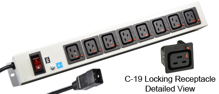 <font color="red">LOCKING </font> IEC 60320 C-19 C-20, 15 AMPERE 240 VOLT PDU POWERSTRIP, 8 IEC 60320 <font color="red">LOCKING C-19 POWER OUTLETS </font>, "19" IN. VERTICAL RACK / SURFACE MOUNT, METAL ENCLOSURE, ILLUMINATED 15 AMPERE DOUBLE POLE CIRCUIT BREAKER, 2 POLE-3 WIRE GROUNDING (2P+E), 2.0 METER (6FT-7IN) CORD WITH C-20 PLUG, GRAY.

<br><font color="yellow">Notes: </font> 
<br><font color="yellow">*</font> Locking C19 receptacles designed to securely lock onto all C20 plugs, C20 power cords. 
<br><font color="yellow">*</font> Press in and hold down the <font color=Red>red button</font> until the C-20 plug is fully seated in the C-19 locking outlet, then release the button. This procedure locks in the C-20 plug. Push in and hold the red button to unlock the C-20 plug.
<br><font color="yellow">*</font> <font color="RED"> IEC 60320 Integrated Component Locking System:</font> IEC 60320 C-19 locking power strip, locking power cords and locking power outlets (NEMA L5-15, L6-15, L5-20, L6-20, L5-30, L6-30 and IEC 60309 (6h) (4h) type) can be combined in a system wide configuration of integrated Locking components that prevent accidental disconnects. Call application specialist for details.

