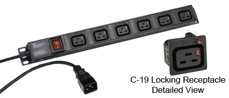 <font color="RED">LOCKING </font> IEC 60320 C-19, C-20, 16 AMPERE-250 VOLT, 6 OUTLET PDU POWER STRIP, <font color="RED"> LOCKING C-19 POWER OUTLETS</font>, C-20 POWER PLUG WITH 3.0 METER (9FT-10IN) CORD, "19 IN." VERTICAL RACK OR SURFACE MOUNT, (1U) METAL ENCLOSURE, ON/OFF DOUBLE POLE ILLUMINATED SWITCH, 2 POLE-3 WIRE GROUNDING (2P+E). BLACK.

<br><font color="yellow">Notes: </font> 
<br><font color="yellow">*</font> Locking C19 receptacles designed to securely lock onto all C20 plugs, C20 power cords.
<br><font color="yellow">*</font> Operating temp. = -10C to +60C.
<br><font color="yellow">*</font> Storage temp. = -25C to +65C.
<br><font color="yellow">*</font> Press in and hold down the <font color=Red>red button</font> until the C-20 plug is fully seated in the C-19 locking outlet, then release the button. This procedure locks in the C-20 plug. Push in and hold the red button to unlock the C-20 plug.
<br><font color="yellow">*</font> <font color="RED"> IEC 60320 Integrated Component Locking System:</font> IEC 60320 C-19 locking power strip and locking power cords when connected with #57103-LK panel mount power outlet provides a system wide configuration of integrated locking components that prevent accidental disconnects. Call application specialist for details.
<br><font color="yellow">*</font> C-19, C-20 locking  power cords, locking outlet strips, locking C-19 panel mount outlets are listed below in related products. Scroll down to view.











 