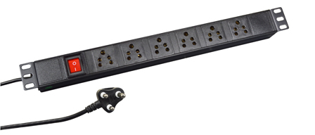 SOUTH AFRICA PDU POWER STRIP, 5 AMPERE-250 VOLT, 6 OUTLETS <font color="yellow"> (TYPE D RATED 5A-250V) </font> (UK3-5R), METAL ENCLOSURE, 19" HORIZONTAL RACK MOUNT, ILLUMINATED DOUBLE POLE SWITCH, 2 POLE-3 WIRE GROUNDING (2P+E), 3.0 METER (9FT-10IN) CORD, <font color="yellow"> 15A-250V TYPE M PLUG</font>. BLACK.

<BR> <font color="yellow"> Notes:</font>
<BR><font color="yellow">*</font> Outlets accept South Africa <font color="yellow"> (3A-250V & 5A-250V) TYPE D Plugs Only.</font>

<BR><font color="yellow">*</font> Power Cord Plug,<font color="yellow">15A-250V Type M Plug.</font>
</font>

<BR><font color="yellow">*</font> Operating temp. = -10C to +60C.
<BR><font color="yellow">*</font> Storage temp. = -10C to +70C.
<BR><font color="yellow">*</font> Power cords, plugs, outlets, GFCI/RCD sockets, plug adapters listed below. Scroll down to view.
