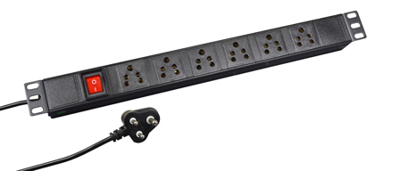 SOUTH AFRICA PDU POWER STRIP, 5 AMPERE-250 VOLT, 6 OUTLETS <font color="yellow"> (TYPE D RATED 5A-250V) </font> (UK3-5R), METAL ENCLOSURE, 19" HORIZONTAL RACK MOUNT, ILLUMINATED DOUBLE POLE SWITCH, 2 POLE-3 WIRE GROUNDING (2P+E), 3.0 METER (9FT-10IN) CORD, <font color="yellow"> 5A-250V TYPE D PLUG</font>. BLACK.

<BR> <font color="yellow"> Notes:</font>
<BR><font color="yellow">*</font> Outlets accept <font color="yellow">South Africa 5A-250V TYPE D Plugs Only.</font>

<BR><font color="yellow">*</font> Power Cord Plug,<font color="yellow"> 5A-250V Type D Plug.</font>
</font>

<BR><font color="yellow">*</font> Operating temp. = -10C to +60C.
<BR><font color="yellow">*</font> Storage temp. = -10C to +70C.
<BR><font color="yellow">*</font> Power cords, plugs, outlets, GFCI/RCD sockets, plug adapters listed below. Scroll down to view.
