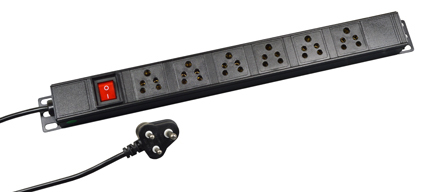 SOUTH AFRICA PDU POWER STRIP, 5 AMPERE-250 VOLT, 6 OUTLETS <font color="yellow"> (TYPE D RATED 5A-250V) </font> (UK3-5R), METAL ENCLOSURE, 19" VERTICAL / SURFACE RACK MOUNT, ILLUMINATED DOUBLE POLE SWITCH, 2 POLE-3 WIRE GROUNDING (2P+E), 3.0 METER (9FT-10IN) CORD, <font color="yellow"> 5A-250V TYPE D PLUG</font>. BLACK.

<BR> <font color="yellow"> Notes:</font>
<BR><font color="yellow">*</font> Outlets accept <font color="yellow">South Africa 5A-250V TYPE D Plugs Only.</font>

<BR><font color="yellow">*</font> Power Cord Plug,<font color="yellow"> 5A-250V Type D Plug.</font>
</font>

<BR><font color="yellow">*</font> Operating temp. = -10C to +60C.
<BR><font color="yellow">*</font> Storage temp. = -10C to +70C.
<BR><font color="yellow">*</font> Power cords, plugs, outlets, GFCI/RCD sockets, plug adapters listed below. Scroll down to view.