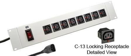 <font color="red">LOCKING </font> IEC 60320 C-13 C-14, 10 AMPERE 230 VOLT PDU POWERSTRIP, 8 IEC 60320 <font color="red">LOCKING C-13 POWER OUTLETS </font>, "19" IN. HORIZONTAL RACK MOUNT, METAL ENCLOSURE, ILLUMINATED 10 AMPERE DOUBLE POLE CIRCUIT BREAKER, 2 POLE-3 WIRE GROUNDING (2P+E), 2.0 METER (6FT-7IN) CORD WITH C-14 PLUG, GRAY.

<br><font color="yellow">Notes: </font> 
<br><font color="yellow">*</font> Locking C13 receptacles designed to securely lock onto all C14 plugs, C14 power cords.
<br><font color="yellow">*</font> Press in and hold down the <font color=Red>red button</font> until the C-14 plug is fully seated in the C-13 locking outlet, then release the button. This procedure locks in the C-14 plug. Push in and hold the red button to unlock the C-14 plug.
<br><font color="yellow">*</font> </font><font color="RED"> IEC 60320 Integrated Component Locking System:</font> IEC 60320 C-13 locking power strip, locking power cords and locking power outlets (NEMA L5-15, L6-15, L5-20, L6-20, L5-30, L6-30 and IEC 60309 (6h) (4h) type) can be combined in a system wide configuration of integrated locking components that prevent accidental disconnects. Call application specialist for details.
