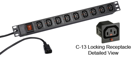 <font color="red">LOCKING </font> IEC 60320 C-13 C-14, 10A-250V PDU POWER STRIP, 9 IEC 60320 <font color="red">LOCKING C-13 POWER OUTLETS </font>, C-14 POWER PLUG WITH 3.0 METER (9FT-10IN) CORD, "19 IN." HORIZONTAL RACK MOUNT, (1U) METAL ENCLOSURE, ON/OFF DOUBLE POLE ILLUMINATED SWITCH, 2 POLE 3 WIRE GROUNDING (2P+E). BLACK.

<br><font color="yellow">Notes: </font> 
<br><font color="yellow">*</font> Locking C13 receptacles designed to securely lock onto all C14 plugs, C14 power cords.
<br><font color="yellow">*</font> Operating temp. = -10�C to +60�C.
<br><font color="yellow">*</font> Storage temp. = -25�C to +65�C.
<br><font color="yellow">*</font> Press in and hold down the <font color=Red>red button</font> until the C-14 plug is fully seated in the C-13 locking outlet, then release the button. This procedure locks in the C-14 plug. Push in and hold the red button to unlock the C-14 plug.
<br><font color="yellow">*</font> </font><font color="RED"> IEC 60320 Integrated Component Locking System:</font> IEC 60320 C-13 locking power strip, locking power cords and locking power outlets (NEMA L5-15, L6-15, L5-20, L6-20, L5-30, L6-30 and IEC 60309 (6h) (4h) type) can be combined in a system wide configuration of integrated locking components that prevent accidental disconnects. Call application specialist for details.
<br><font color="yellow">*</font> C-13, C-14 locking power cords, locking outlet strips are listed below in related products. Scroll down to view.
