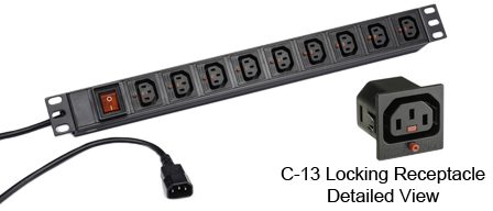 <font color="red">LOCKING </font> IEC 60320 C-13 C-14, 10A-250V PDU POWER STRIP, 9 IEC 60320 <font color="red">LOCKING C-13 POWER OUTLETS </font>, C-14 POWER PLUG WITH 3.0 METER (9FT-10IN) CORD, "19 IN." HORIZONTAL RACK MOUNT, (1U) METAL ENCLOSURE, ON/OFF DOUBLE POLE ILLUMINATED SWITCH, 2 POLE 3 WIRE GROUNDING (2P+E). BLACK.

<br><font color="yellow">Notes: </font> 
<br><font color="yellow">*</font> Locking C13 receptacles designed to securely lock onto all C14 plugs, C14 power cords.
<br><font color="yellow">*</font> Operating temp. = -10C to +60C.
<br><font color="yellow">*</font> Storage temp. = -25C to +65C.
<br><font color="yellow">*</font> Press in and hold down the <font color=Red>red button</font> until the C-14 plug is fully seated in the C-13 locking outlet, then release the button. This procedure locks in the C-14 plug. Push in and hold the red button to unlock the C-14 plug.
<br><font color="yellow">*</font> </font><font color="RED"> IEC 60320 Integrated Component Locking System:</font> IEC 60320 C-13 locking power strip, locking power cords and locking power outlets (NEMA L5-15, L6-15, L5-20, L6-20, L5-30, L6-30 and IEC 60309 (6h) (4h) type) can be combined in a system wide configuration of integrated locking components that prevent accidental disconnects. Call application specialist for details.
<br><font color="yellow">*</font> C-13, C-14 locking power cords, locking outlet strips are listed below in related products. Scroll down to view.