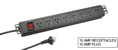 AUSTRALIA, NEW ZEALAND 15 AMPS 220-240V (AU2-15R) 8 OUTLET PDU POWER STRIP, 50/60 HZ, METAL ENCLOSURE, 19" HORIZONTAL RACK MOUNT, 1.5U SIZE, ILLUMINATED DOUBLE POLE SWITCH, 2 POLE-3 WIRE GROUNDING (2P+E), 2.5 METER (8FT-2IN) CORD WITH 15A-250V (AU2-15R) PLUG. BLACK

<br><font color="yellow">Notes: </font> 
<br><font color="yellow">*</font><b> Outlets accept 10 Amp. and 15 Amp. Australia, New Zealand plugs.</b></font>
<br><font color="yellow">*</font> Operating temp. = -10C to +60C.
<br><font color="yellow">*</font> Storage temp. = -25C to +65C.
<br><font color="yellow">*</font> Australia / New Zealand plugs, outlets, power cords, connectors, outlet strips, GFCI sockets listed below in related products. Scroll down to view.