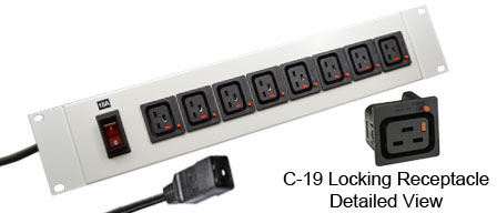 <font color="red">LOCKING </font> IEC 60320 C-19 C-20, 15 AMPERE 240 VOLT PDU POWERSTRIP, 8 IEC 60320 <font color="red">LOCKING C-19 POWER OUTLETS </font>, "19" IN. HORIZONTAL RACK MOUNT, METAL ENCLOSURE, ILLUMINATED 15 AMPERE DOUBLE POLE CIRCUIT BREAKER, 2 POLE-3 WIRE GROUNDING (2P+E), 2.0 METER (6FT-7IN) CORD WITH C-20 PLUG, GRAY.

<br><font color="yellow">Notes: </font> 
<br><font color="yellow">*</font> Locking C19 receptacles designed to securely lock onto all C20 plugs, C20 power cords. 
<br><font color="yellow">*</font> Press in and hold down the <font color=Red>red button</font> until the C-20 plug is fully seated in the C-19 locking outlet, then release the button. This procedure locks in the C-20 plug. Push in and hold the red button to unlock the C-20 plug.
<br><font color="yellow">*</font> <font color="RED"> IEC 60320 Integrated Component Locking System:</font> IEC 60320 C-19 locking power strip, locking power cords and locking power outlets (NEMA L5-15, L6-15, L5-20, L6-20, L5-30, L6-30 and IEC 60309 (6h) (4h) type) can be combined in a system wide configuration of integrated Locking components that prevent accidental disconnects. Call application specialist for details.