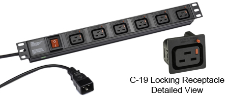 <font color="RED">LOCKING </font> IEC 60320 C-19, C-20, 16 AMPERE-250 VOLT, 6 OUTLET PDU POWER STRIP, <font color="RED"> LOCKING C-19 POWER OUTLETS</font>, C-20 POWER PLUG WITH 3.0 METER (9FT-10IN) CORD, "19 IN." HORIZONTAL RACK MOUNT, (1U) METAL ENCLOSURE, ON/OFF DOUBLE POLE ILLUMINATED SWITCH, 2 POLE-3 WIRE GROUNDING (2P+E). BLACK.

<br><font color="yellow">Notes: </font> 
<br><font color="yellow">*</font> Locking C19 receptacles designed to securely lock onto all C20 plugs, C20 power cords.
<br><font color="yellow">*</font> Operating temp. = -10C to +60C.
<br><font color="yellow">*</font> Storage temp. = -25C to +65C.
<br><font color="yellow">*</font> Press in and hold down the <font color=Red>red button</font> until the C-20 plug is fully seated in the C-19 locking outlet, then release the button. This procedure locks in the C-20 plug. Push in and hold the red button to unlock the C-20 plug.
<br><font color="yellow">*</font> <font color="RED"> IEC 60320 Integrated Component Locking System:</font> IEC 60320 C-19 locking power strip and locking power cords when connected with #57103-LK panel mount power outlet provides a system wide configuration of integrated locking components that prevent accidental disconnects. Call application specialist for details.
<br><font color="yellow">*</font> C-19, C-20 locking  power cords, locking outlet strips, locking C-19 panel mount outlets are listed below in related products. Scroll down to view.


