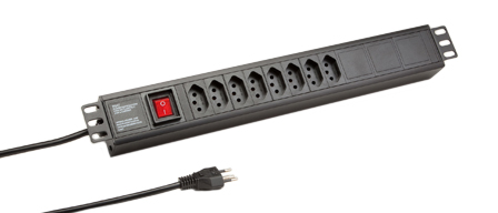 BRAZIL 10 AMPERE-250 VOLT, 50/60-HZ, NBR 14136 <font color="yellow"> TYPE N </font> (BR2-10R) 8 OUTLET PDU POWER STRIP, "19 IN." HORIZONTAL RACK MOUNT, 1.5U SIZE METAL ENCLOSURE, ILLUMINATED DOUBLE POLE SWITCH, 2 POLE-3 WIRE GROUNDING (2P+E), 3.0 METER (9FT-10IN) CORD. BLACK.

<br><font color="yellow">Notes: </font> 
<br><font color="yellow">*</font> Operating temp. = -10C to +60C.
<br><font color="yellow">*</font> Storage temp. = -25C to +65C.
<br><font color="yellow">*</font> Power strip outlets accept Brazil 10 Amp. & 2.5 Amp. plugs.
<br><font color="yellow">*</font> Brazil plugs, outlets, power cords, GFCI / RCD outlets, connectors, outlet strips, listed below in related products. Scroll down to view.