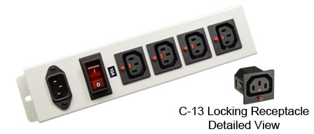 <font color="red">LOCKING </font> IEC 60320 C-13 C-14 PDU POWER STRIP, 4 IEC 60320 <font color="red">LOCKING C-13 POWER OUTLETS </font>, 10 AMPERE 230 VOLT, VERTICAL RACK / SURFACE MOUNT, METAL ENCLOSURE, ILLUMINATED 10 AMPERE DOUBLE POLE CIRCUIT BREAKER, 2 POLE-3 WIRE GROUNDING (2P+E), IEC 60320 C-14 POWER INLET, GRAY.

<br><font color="yellow">Notes: </font> 
<br><font color="yellow">*</font> Locking C13 receptacles designed to securely lock onto all C14 plugs, C14 power cords. 
<br><font color="yellow">*</font> Press in and hold down the <font color=Red>red button</font> until the C-14 plug is fully seated in the C-13 locking outlet, then release the button. This procedure locks in the C-14 plug. Push in and hold the red button to unlock the C-14 plug.
<br><font color="yellow">*</font> </font><font color="RED"> IEC 60320 Integrated Component Locking System:</font> IEC 60320 C-13 locking power strip, locking power cords and locking power outlets (NEMA L5-15, L6-15, L5-20, L6-20, L5-30, L6-30 and IEC 60309 (6h) (4h) type) can be combined in a system wide configuration of integrated locking components that prevent accidental disconnects. Call application specialist for details.

