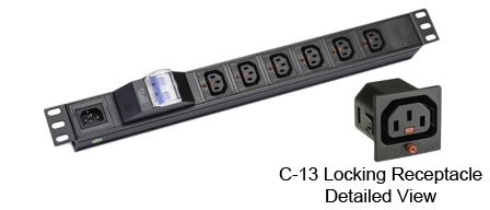 <font color="red">LOCKING </font> IEC 60320 C-13 C-14, 10A-250V PDU POWER STRIP, 6 IEC 60320 <font color="red">LOCKING C-13 POWER OUTLETS </font>, IEC 60320 C-14 POWER INLET, "19 IN." HORIZONTAL RACK MOUNT, (1U) METAL ENCLOSURE, 10 AMP. DOUBLE POLE CIRCUIT BREAKER, 2 POLE-3 WIRE GROUNDING (2P+E). BLACK.

<br><font color="yellow">Notes: </font> 
<br><font color="yellow">*</font> Operating temp. = -10�C to +60�C.
<br><font color="yellow">*</font> Storage temp. = -25�C to +65�C.
<br><font color="yellow">*</font> Press in and hold down the <font color=Red>red button</font> until the C-14 plug is fully seated in the C-13 locking outlet, then release the button. This procedure locks in the C-14 plug. Push in and hold the red button to unlock the C-14 plug.
<br><font color="yellow">*</font> </font><font color="RED"> IEC 60320 Integrated Component Locking System:</font> IEC 60320 C-13 locking power strip, locking power cords and locking power outlets (NEMA L5-15, L6-15, L5-20, L6-20, L5-30, L6-30 and IEC 60309 (6h) (4h) type) can be combined in a system wide configuration of integrated locking components that prevent accidental disconnects. Call application specialist for details.
<br><font color="yellow">*</font> C-13, C-14 locking power cords, locking outlet strips are listed below in related products. Scroll down to view.

 