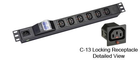 <font color="red">LOCKING </font> IEC 60320 C-13 C-14, 10A-250V PDU POWER STRIP, 6 IEC 60320 <font color="red">LOCKING C-13 POWER OUTLETS </font>, IEC 60320 C-14 POWER INLET, "19 IN." HORIZONTAL RACK MOUNT, (1U) METAL ENCLOSURE, 10 AMP. DOUBLE POLE CIRCUIT BREAKER, 2 POLE-3 WIRE GROUNDING (2P+E). BLACK.

<br><font color="yellow">Notes: </font> 
<br><font color="yellow">*</font> Locking C13 receptacles designed to securely lock onto all C14 plugs, C14 power cords.
<br><font color="yellow">*</font> Operating temp. = -10C to +60C.
<br><font color="yellow">*</font> Storage temp. = -25C to +65C.
<br><font color="yellow">*</font> Press in and hold down the <font color=Red>red button</font> until the C-14 plug is fully seated in the C-13 locking outlet, then release the button. This procedure locks in the C-14 plug. Push in and hold the red button to unlock the C-14 plug.
<br><font color="yellow">*</font> </font><font color="RED"> IEC 60320 Integrated Component Locking System:</font> IEC 60320 C-13 locking power strip, locking power cords and locking power outlets (NEMA L5-15, L6-15, L5-20, L6-20, L5-30, L6-30 and IEC 60309 (6h) (4h) type) can be combined in a system wide configuration of integrated locking components that prevent accidental disconnects. Call application specialist for details.
<br><font color="yellow">*</font> C-13, C-14 locking power cords, locking outlet strips are listed below in related products. Scroll down to view.

 