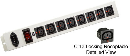 <font color="red">LOCKING </font> IEC 60320 C-13 C-14 PDU POWER STRIP, 8 IEC 60320 <font color="red">LOCKING C-13 POWER OUTLETS </font>, 10 AMPERE 230 VOLT, VERTICAL RACK / SURFACE MOUNT, METAL ENCLOSURE, ILLUMINATED 10 AMPERE DOUBLE POLE CIRCUIT BREAKER, 2 POLE-3 WIRE GROUNDING (2P+E), IEC 60320 C-14 POWER INLET, GRAY.

<br><font color="yellow">Notes: </font> 
<br><font color="yellow">*</font> Locking C13 receptacles designed to securely lock onto all C14 plugs, C14 power cords.
<br><font color="yellow">*</font> Press in and hold down the <font color=Red>red button</font> until the C-14 plug is fully seated in the C-13 locking outlet, then release the button. This procedure locks in the C-14 plug. Push in and hold the red button to unlock the C-14 plug.
<br><font color="yellow">*</font> </font><font color="RED"> IEC 60320 Integrated Component Locking System:</font> IEC 60320 C-13 locking power strip, locking power cords and locking power outlets (NEMA L5-15, L6-15, L5-20, L6-20, L5-30, L6-30 and IEC 60309 (6h) (4h) type) can be combined in a system wide configuration of integrated locking components that prevent accidental disconnects. Call application specialist for details.
