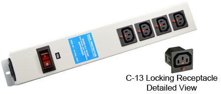 <font color="red">LOCKING </font> IEC 60320 C-13 C-14 PDU POWER STRIP, 4 IEC 60320 <font color="red">LOCKING C-13 POWER OUTLETS </font>, 10 AMPERE 230 VOLT, VERTICAL RACK / SURFACE MOUNT, METAL ENCLOSURE, R.F. FILTER, SURGE PROTECTION (140 JOULES), ILLUMINATED 10 AMPERE DOUBLE POLE CIRCUIT BREAKER, 2 POLE-3 WIRE GROUNDING, IEC 60320 C-14 POWER INLET, GRAY.

<br><font color="yellow">Notes: </font> 
<br><font color="yellow">*</font> Locking C13 receptacles designed to securely lock onto all C14 plugs, C14 power cords.
<br><font color="yellow">*</font> Press in and hold down the <font color=Red>red button</font> until the C-14 plug is fully seated in the C-13 locking outlet, then release the button. This procedure locks in the C-14 plug. Push in and hold the red button to unlock the C-14 plug.
<br><font color="yellow">*</font> </font><font color="RED"> IEC 60320 Integrated Component Locking System:</font> IEC 60320 C-13 locking power strip, locking power cords and locking power outlets (NEMA L5-15, L6-15, L5-20, L6-20, L5-30, L6-30 and IEC 60309 (6h) (4h) type) can be combined in a system wide configuration of integrated locking components that prevent accidental disconnects. Call application specialist for details.
